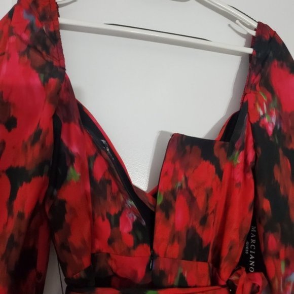 Marciano Guess "Red Rhapsody" 60s Style Floral Puff Shoulder Dress - Picture 7 of 16